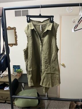 Free People Army Green Linen-Texture Button Shirt